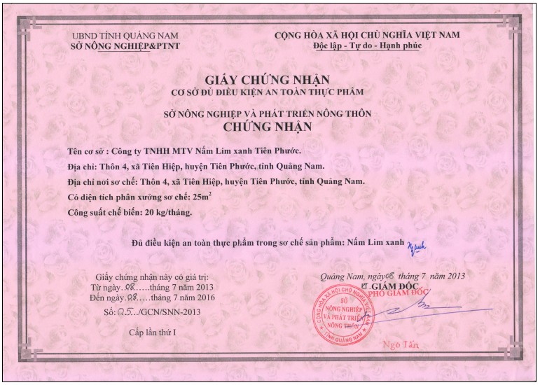 Giấy chứng nhận đủ điều kiện vệ sinh an toàn thực phẩm