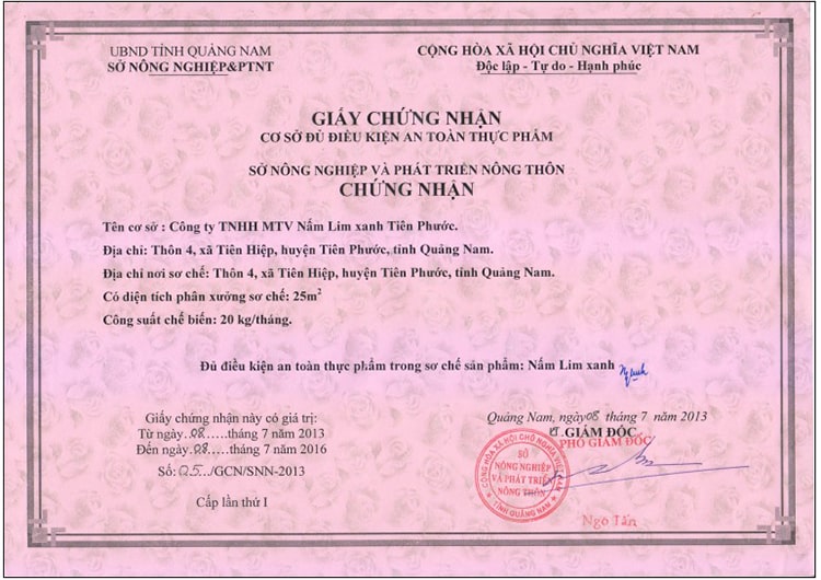 Giấy Chứng Nhận An Toàn Thực Phẩm Nấm Lim Xanh