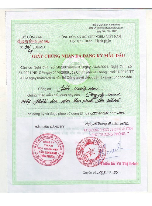 Giấy chứng nhận đăng ký mẫu dấu công ty nấm lim xanh tiên phước