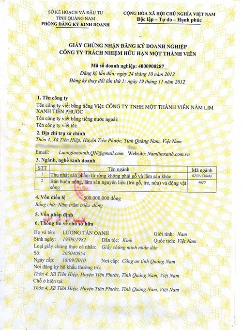 Giấy chứng nhận đăng ký kinh doanh công ty nấm lim xanh tiên phước