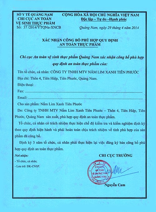 Giấy chứng nhận an toàn thực phẩm công ty nấm lim xanh tiên phước